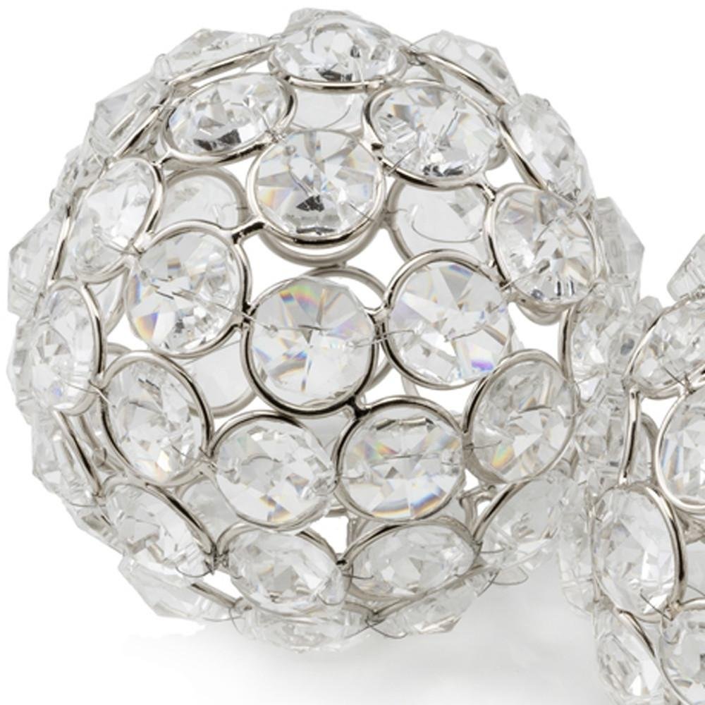 Set of Two Clear And Silver Faux Crystal And Steel Decorative Orb Tabletop Sculptures on a white background