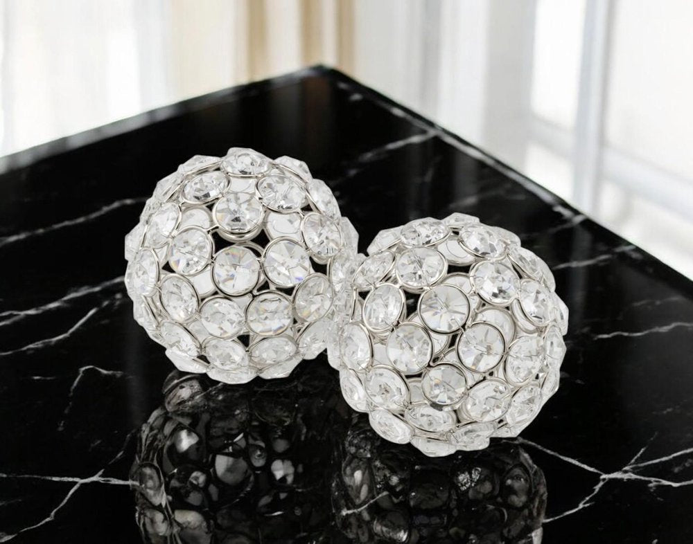 Set of Two Clear And Silver Faux Crystal And Steel Decorative Orb Tabletop Sculptures