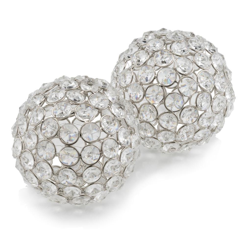 Set of Two Clear And Silver Faux Crystal And Steel Decorative Orb Tabletop Sculptures on a white background