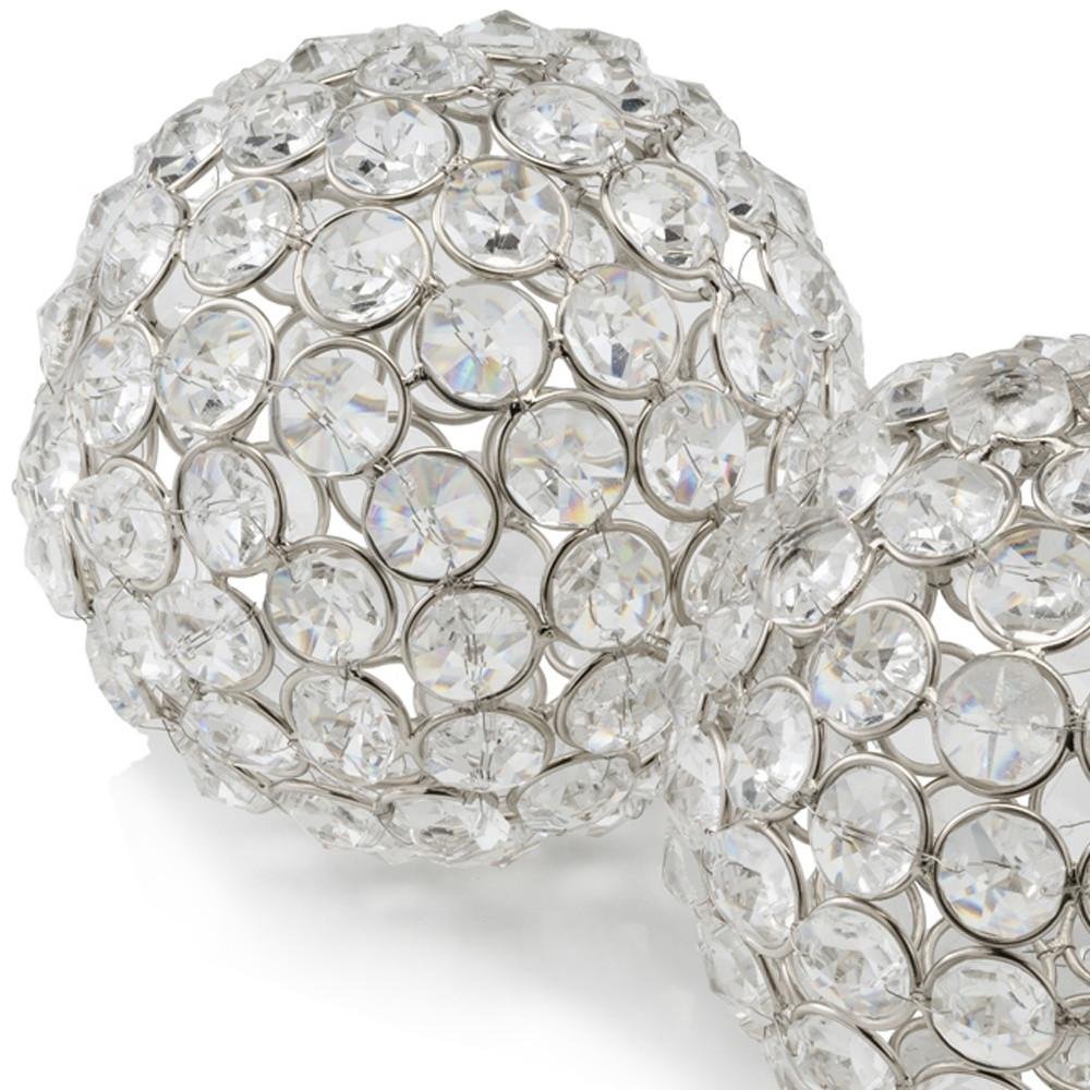 Set of Two Clear And Silver Faux Crystal And Steel Decorative Orb Tabletop Sculptures on a white background