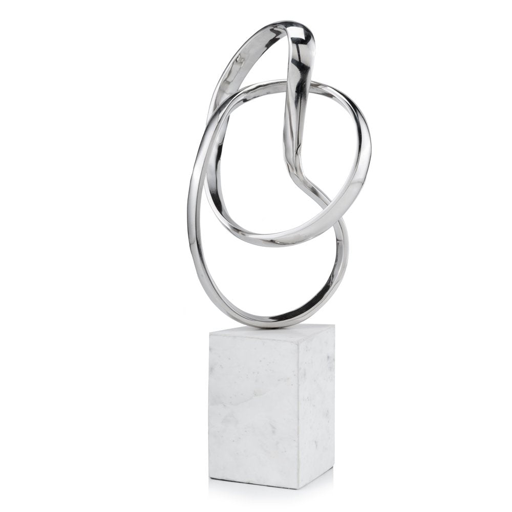 18" Silver and White Marble and Aluminum Sculpture. Sculpture isolated on a plain white background, showing a silver metal surface.