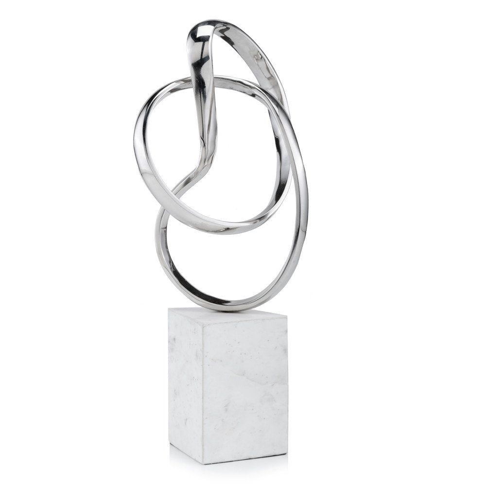 18" Silver and White Marble and Aluminum Sculpture. Sculpture isolated on a plain white background, in a silver metal finish.