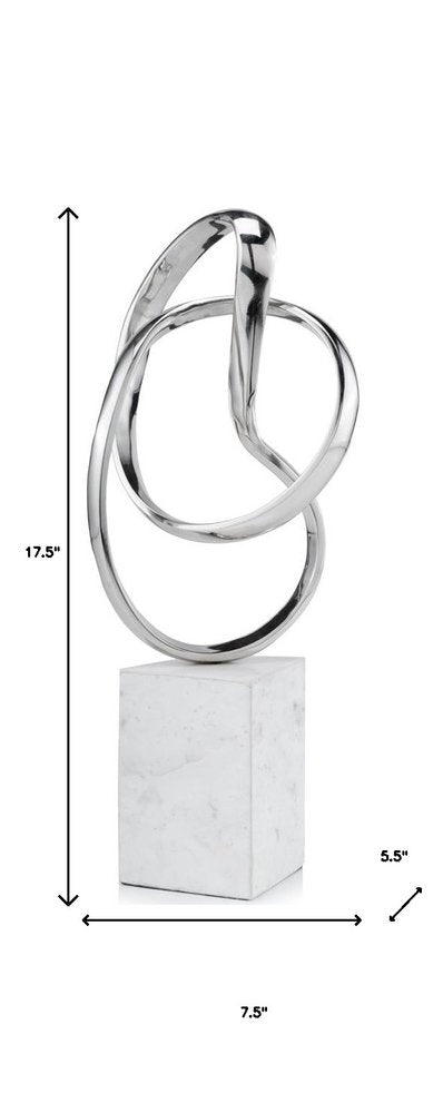 18" Silver and White Marble and Aluminum Sculpture. Sculpture isolated on a plain white background, in a silver metal finish.