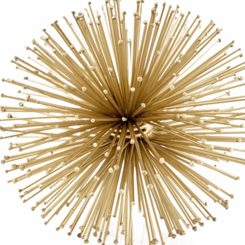 Set of Two Gold Iron Decorative Spiky Sphere Tabletop Sculptures on a white background