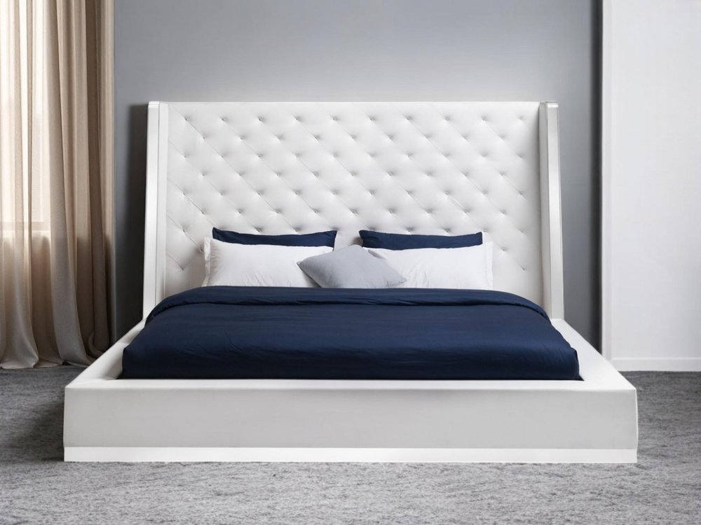 White Tufted Faux Leather Upholstered King Bed Frame