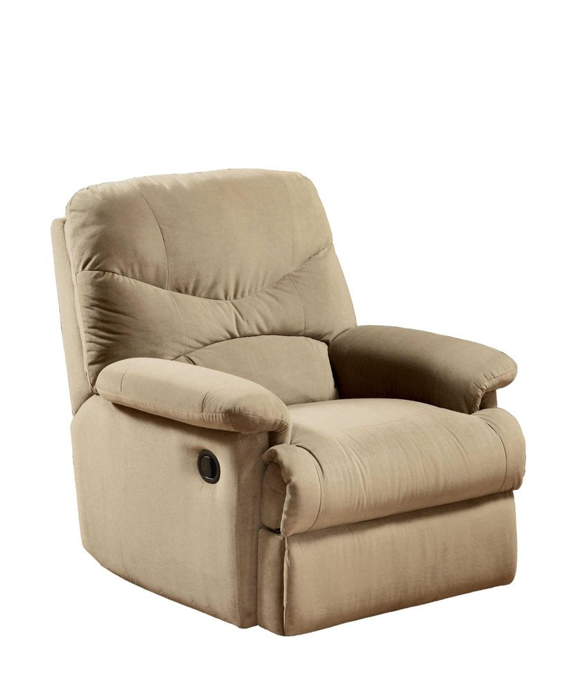 Beige microfiber recliner chair with a black lever on the side, shown against a white background.