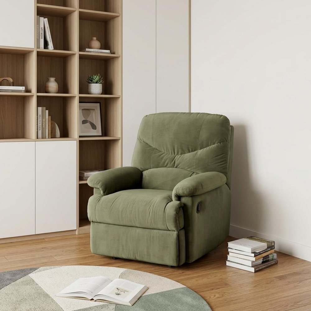 35" Sage Microfiber Recliner styled in a furnished interior with an off-white wall on a wood floor.