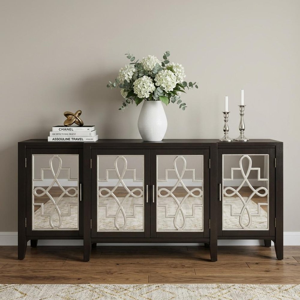 72" Black and Silver Mirrored Solid Wood and Glass Distressed Solid Console Table in a home interior