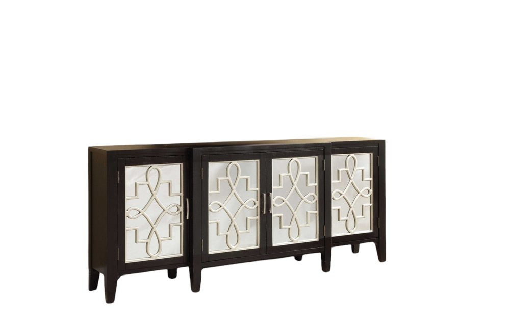 72" Black and Silver Mirrored Solid Wood and Glass Distressed Solid Console Table on a white background
