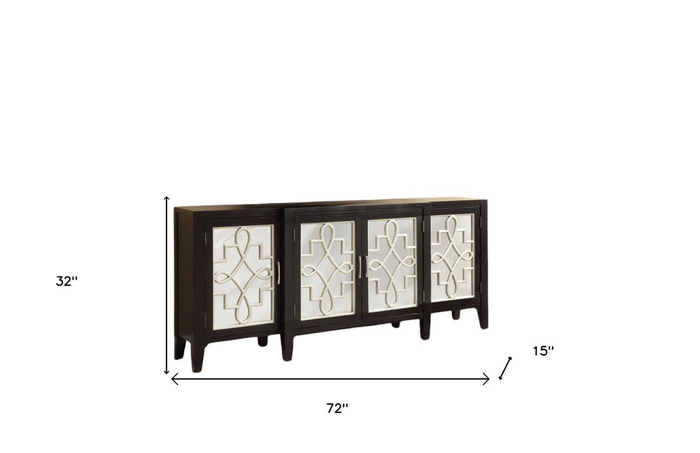 72" Black and Silver Mirrored Solid Wood and Glass Distressed Solid Console Table on a white background