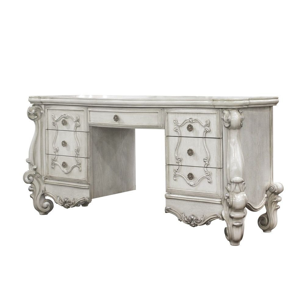 67" Brown Vanity Table With Seven Drawers. Vanity table isolated on a plain white background, showing a wood surface.