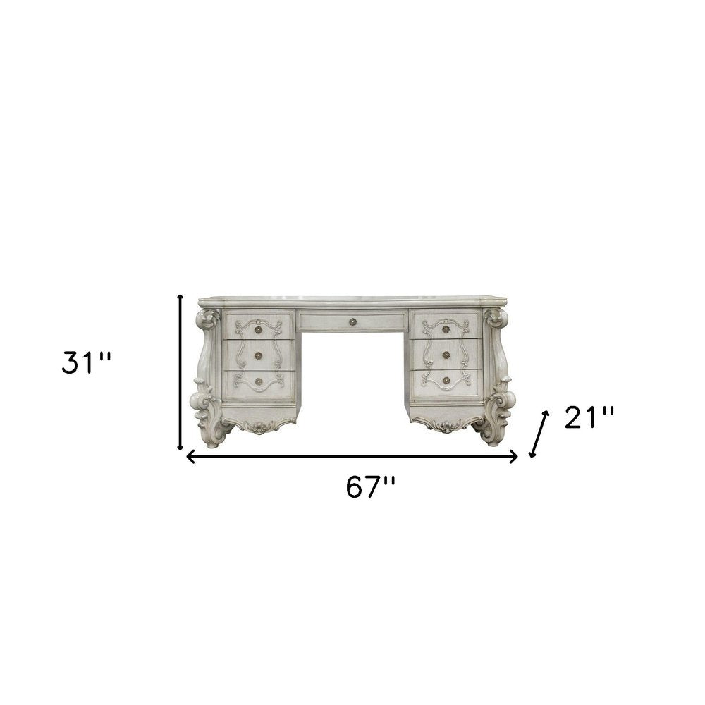67" Brown Vanity Table With Seven Drawers. Vanity table isolated on a plain white background, showing a wood surface.
