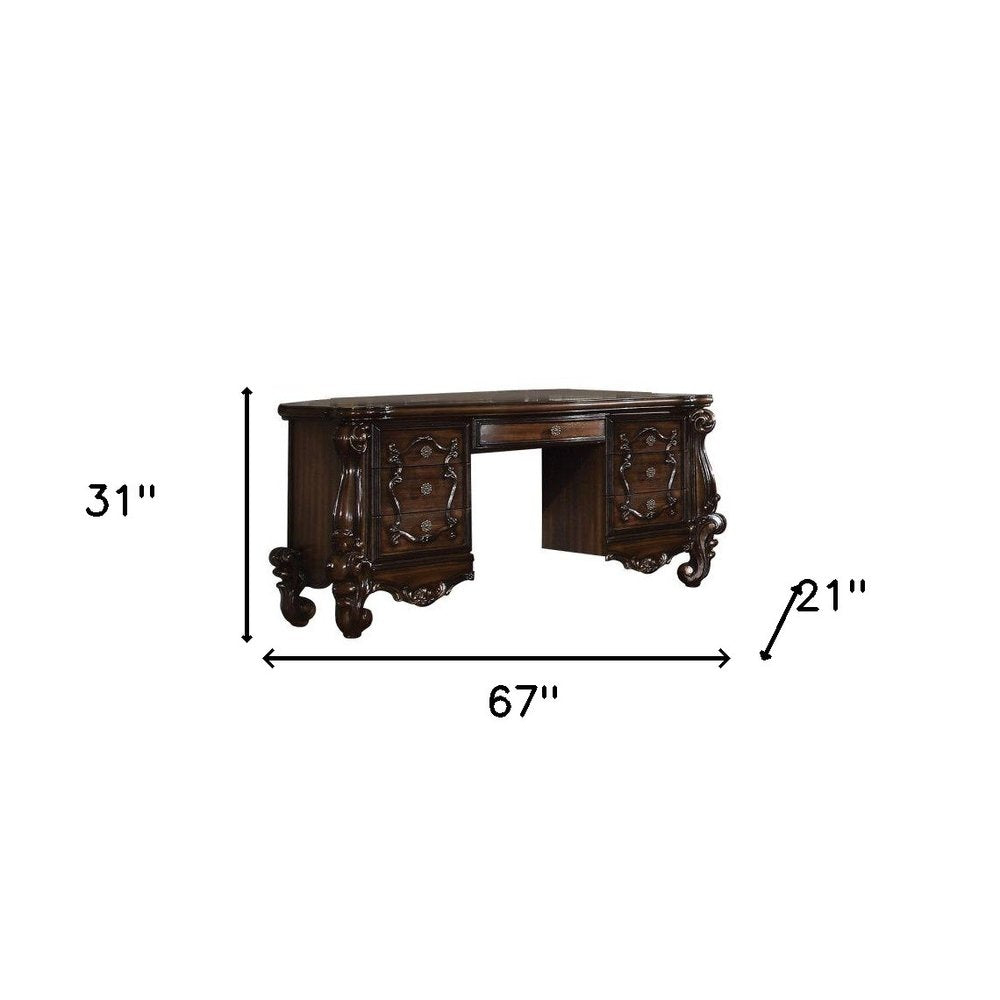 67" Brown Vanity Table With Seven Drawers. Vanity table isolated on a plain white background, showing a brown wood surface.