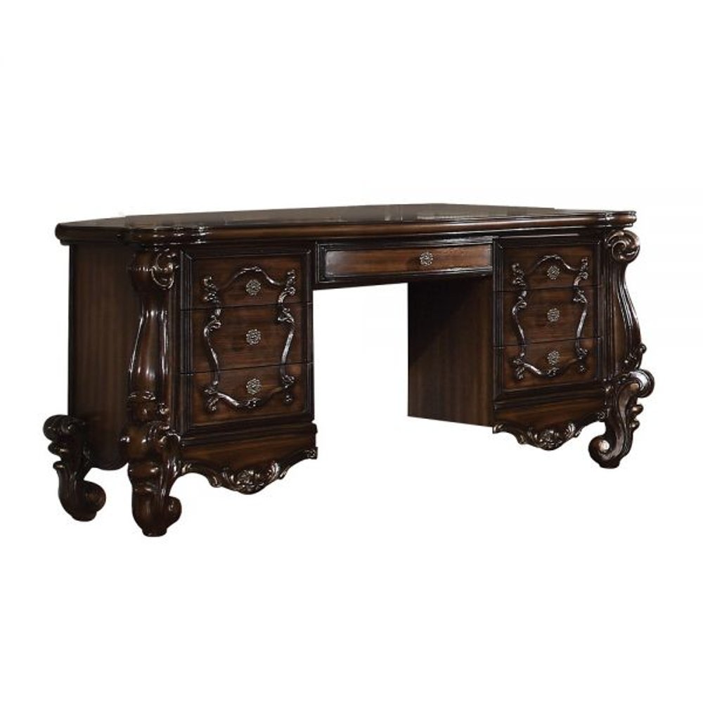 67" Brown Vanity Table With Seven Drawers. Vanity table isolated on a plain white background, showing a brown wood surface.