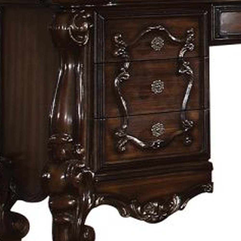 67" Brown Vanity Table With Seven Drawers detail shot of the brown wood finish.