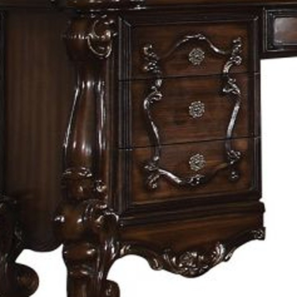 67" Brown Vanity Table With Seven Drawers detail shot of the brown wood finish.