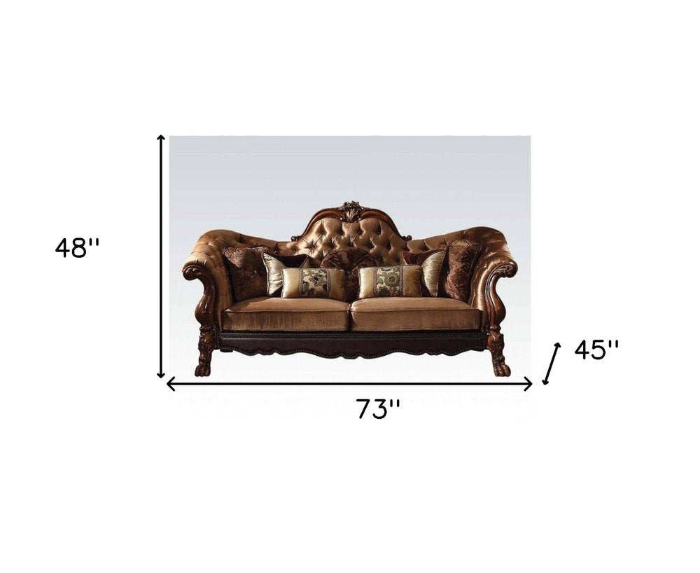 73" Dark Brown And Brown Velvet Loveseat and Toss Pillows on a white background