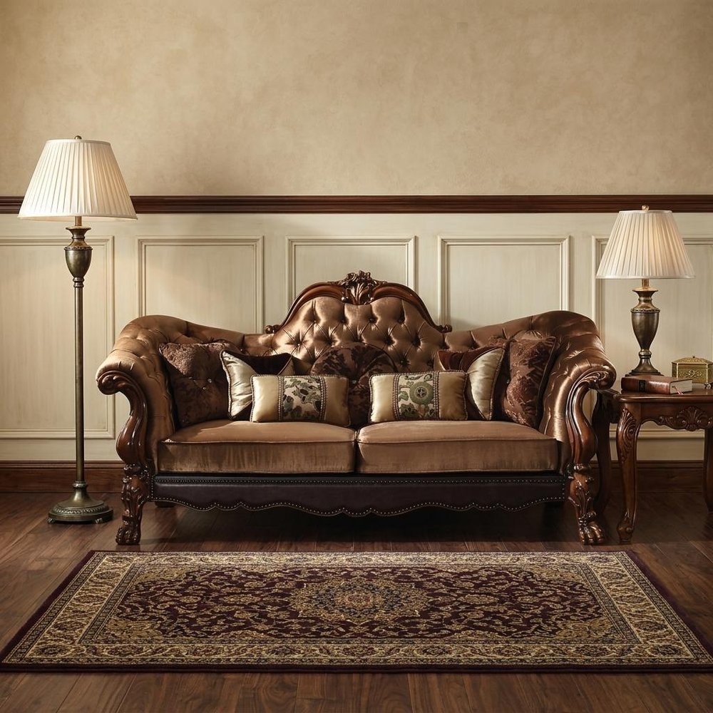 73" Dark Brown And Brown Velvet Loveseat and Toss Pillows