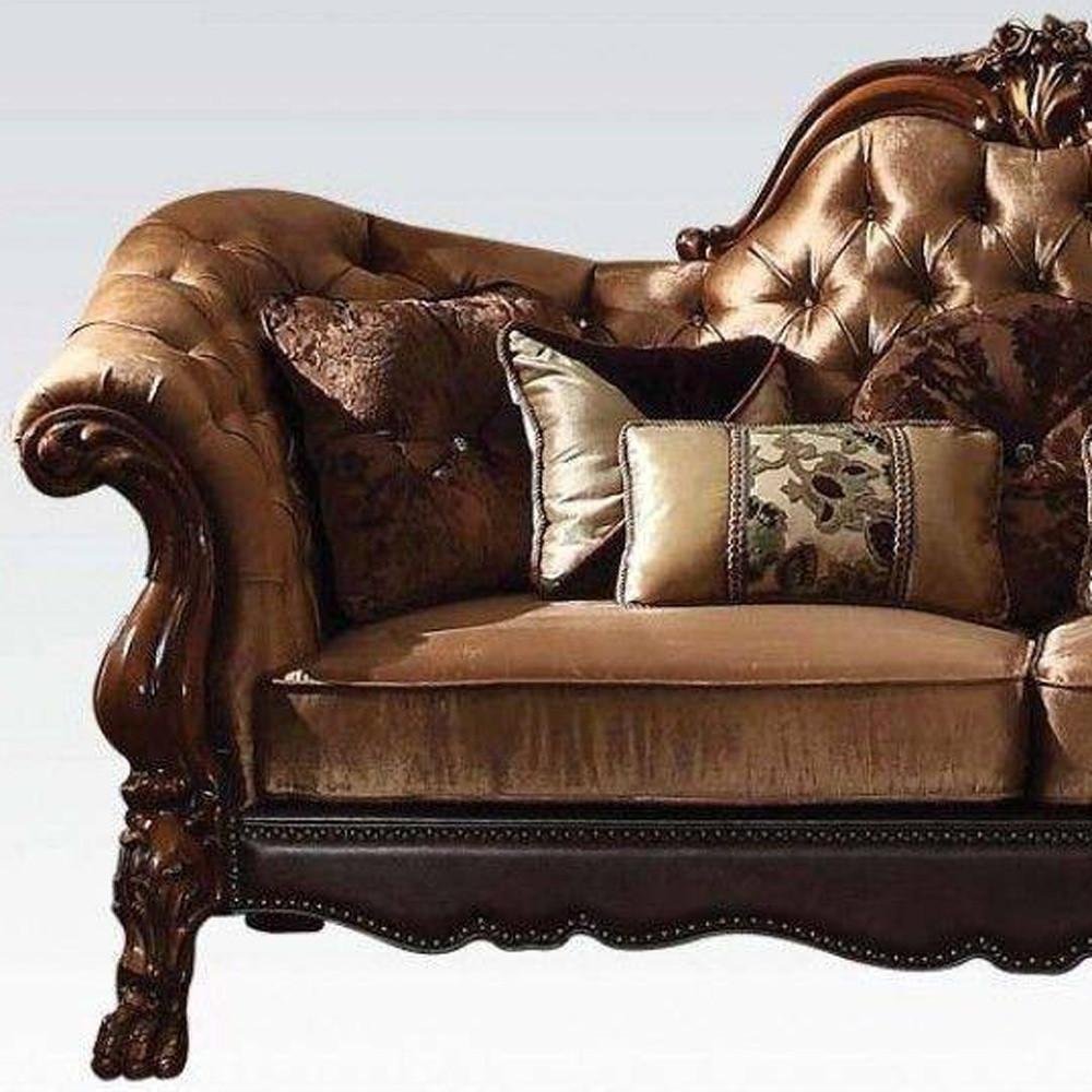 73" Dark Brown And Brown Velvet Loveseat and Toss Pillows close-up detail