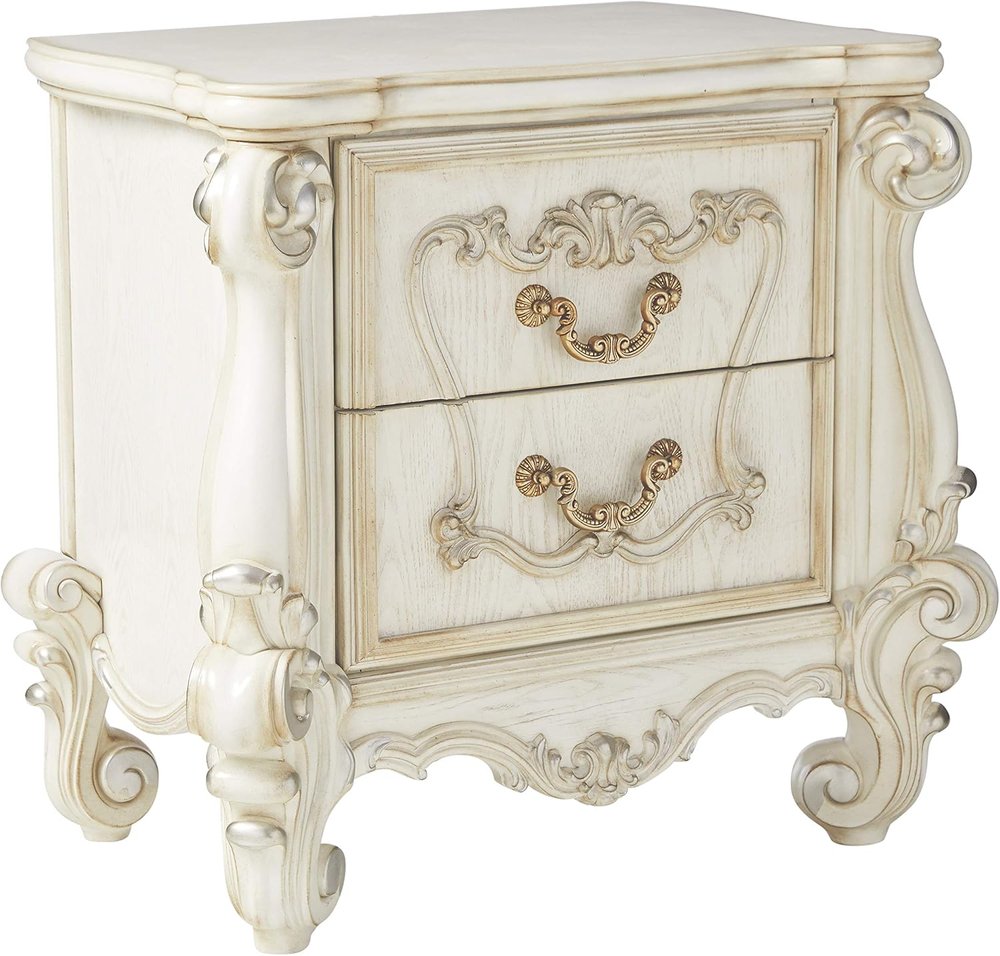 31" White Wood Two Drawer Nightstand. Nightstands & bedside table isolated on a plain white background, showing a white wood surface.