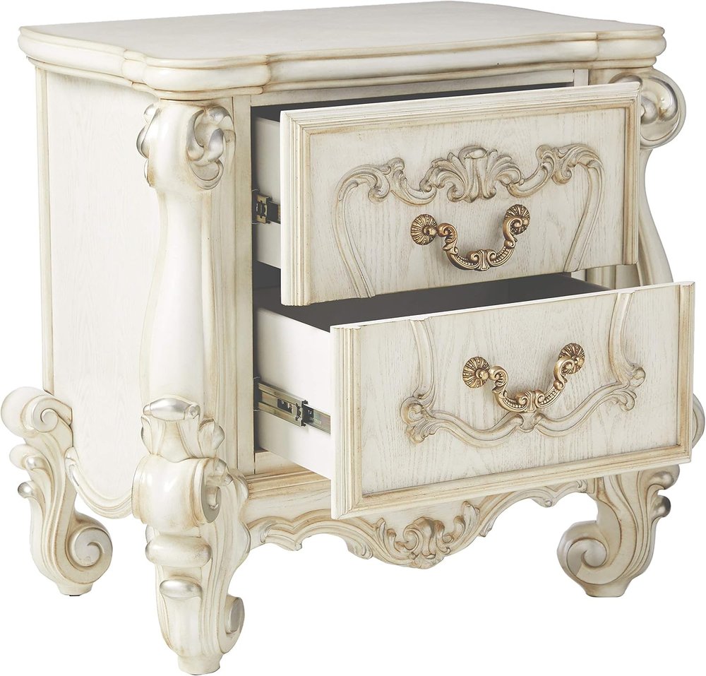 31" White Wood Two Drawer Nightstand. Nightstands & bedside table isolated on a plain white background, finished in white wood.