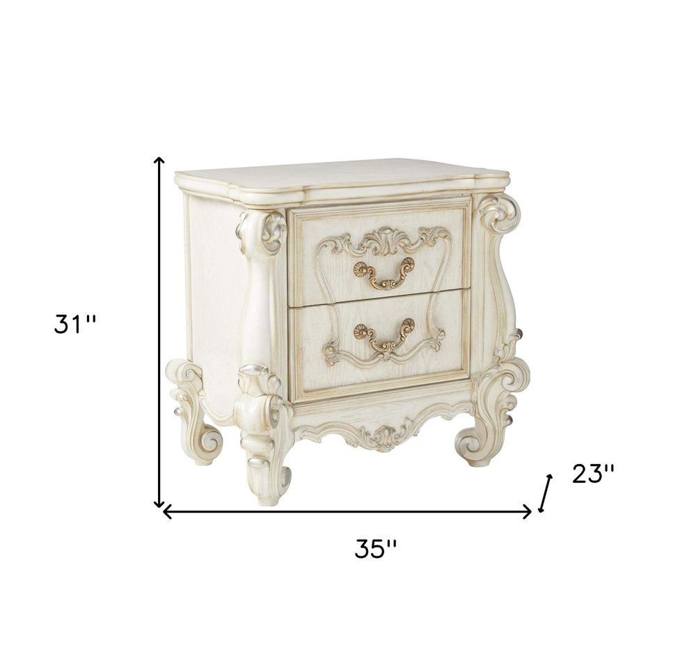 31" White Wood Two Drawer Nightstand. Nightstands & bedside table isolated on a plain white background, in a white wood finish.