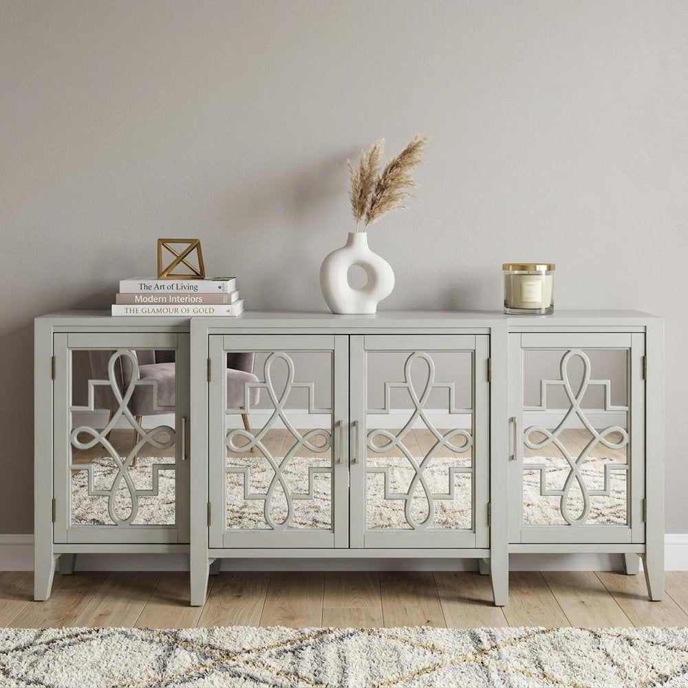 72" Black and Silver Mirrored Solid Wood and Glass Distressed Solid Console Table on a white background
