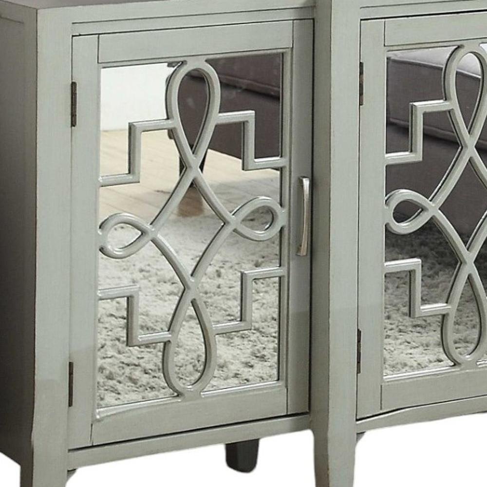 72" Black and Silver Mirrored Solid Wood and Glass Distressed Solid Console Table close-up detail