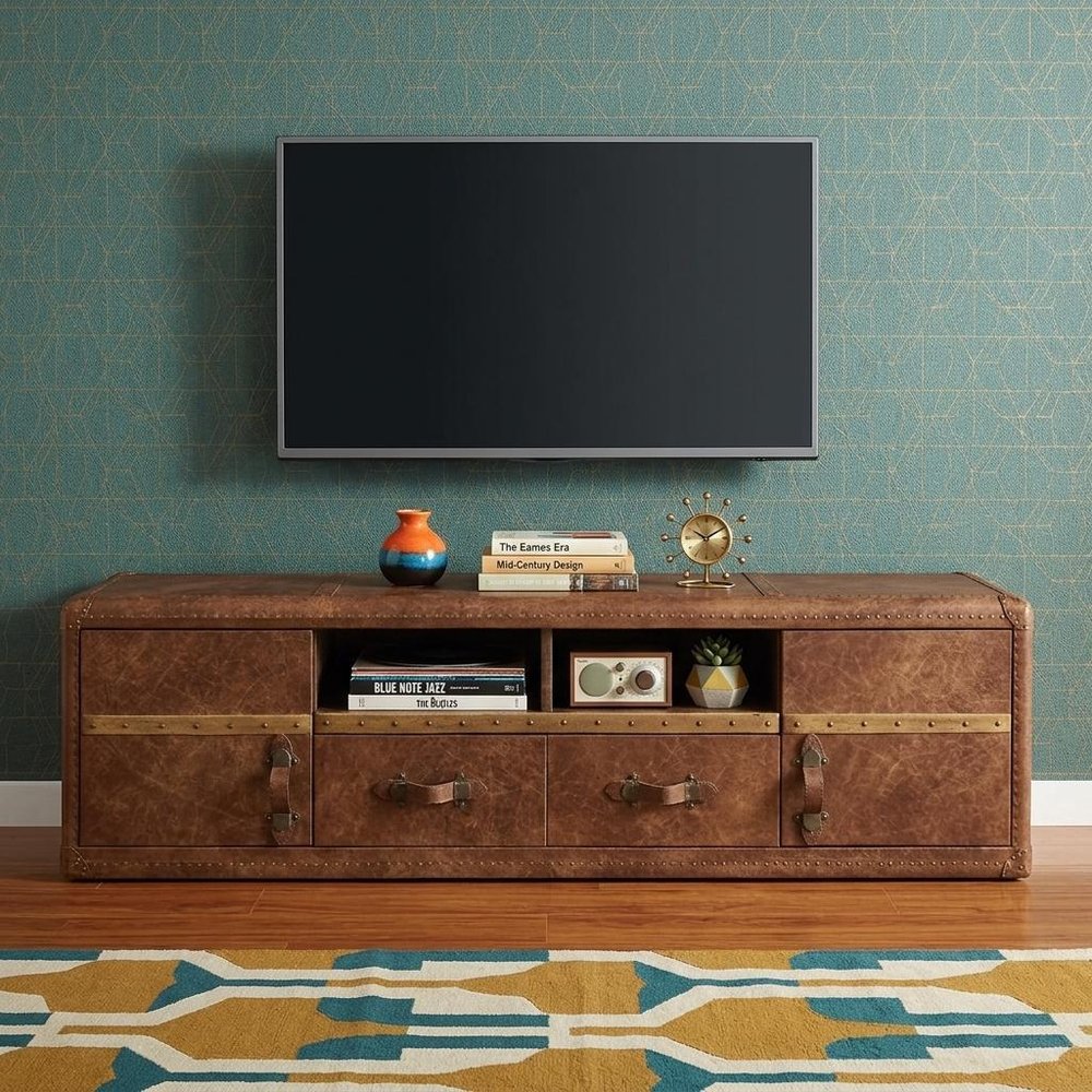 80" Brown Leather Enclosed and Open Storage TV Stand