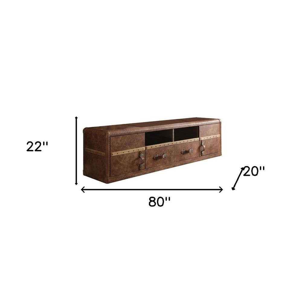 Brown leather TV stand with 80" width, 22" height, and 20" depth, featuring enclosed and open storage.