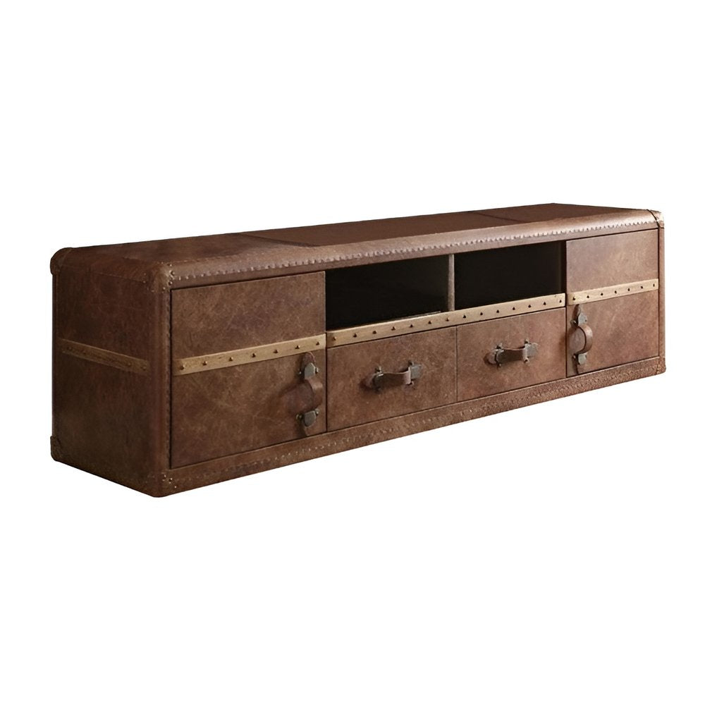 80" Brown Leather Enclosed and Open Storage TV Stand on a white background