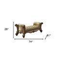 74" Bone and Gold Tufted Faux Leather Upholstered Bench on a white background