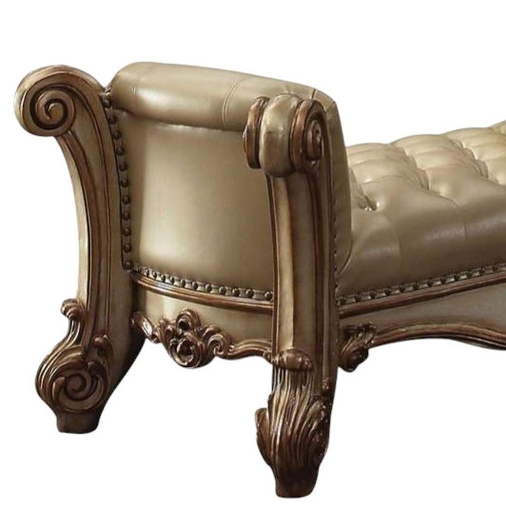74" Bone and Gold Tufted Faux Leather Upholstered Bench on a white background
