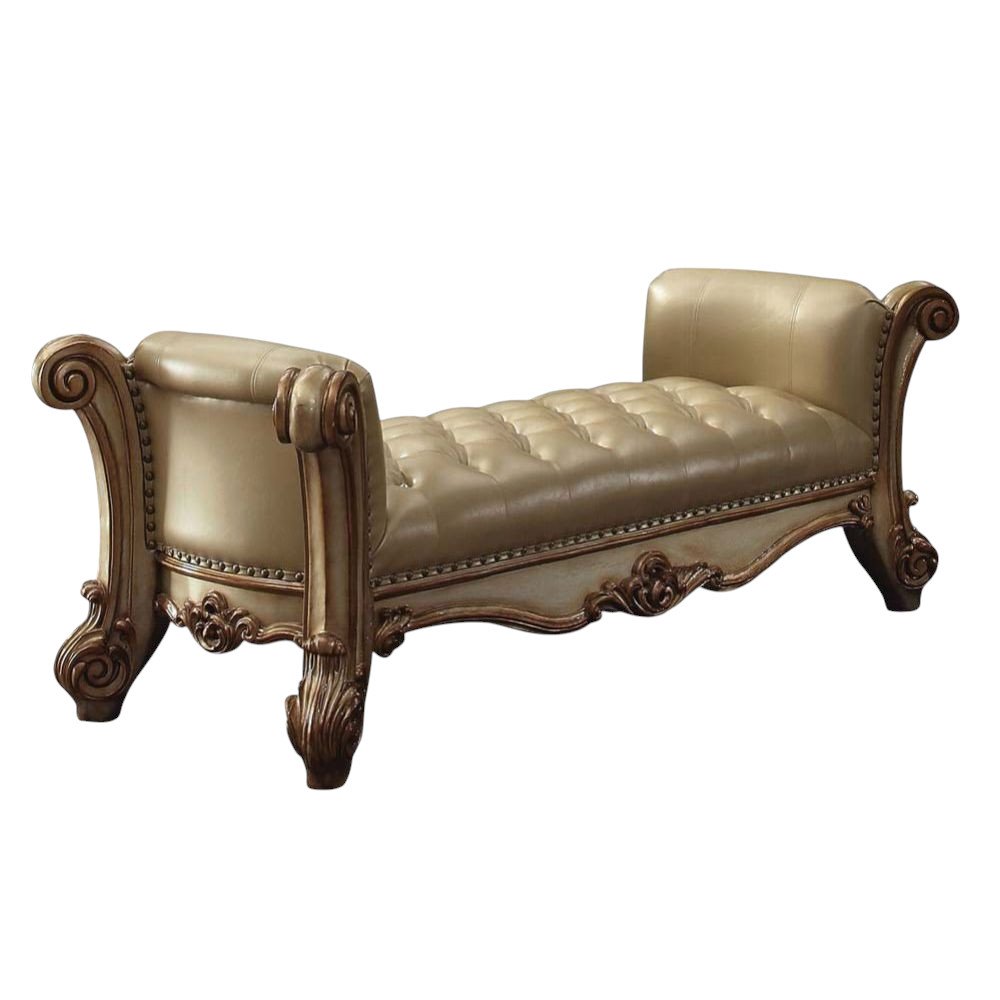 74" Bone and Gold Tufted Faux Leather Upholstered Bench on a white background