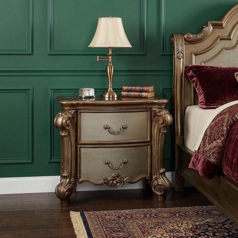 30" Bone Wood Two Drawer Nightstand shown outdoors on an outdoor setting with greenery in green wood.