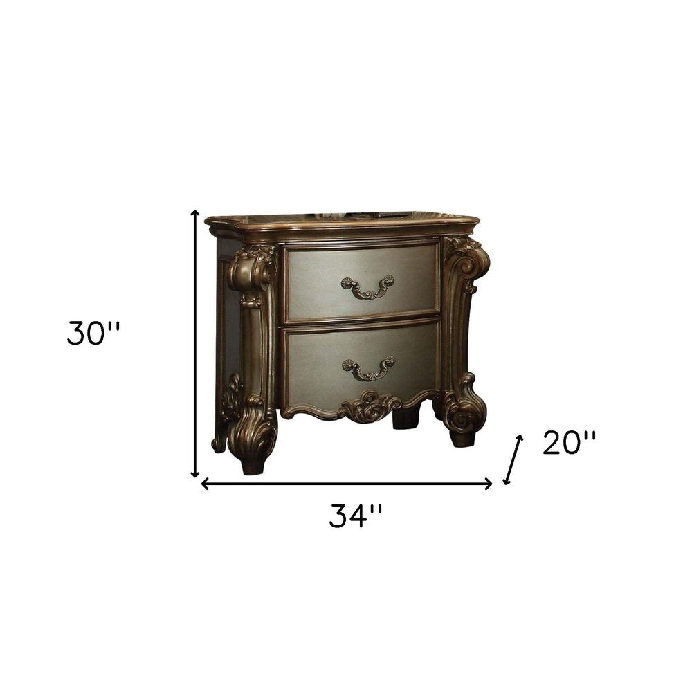 30" Bone Wood Two Drawer Nightstand. Nightstands & bedside table isolated on a plain white background, showing a dark brown wood surface.