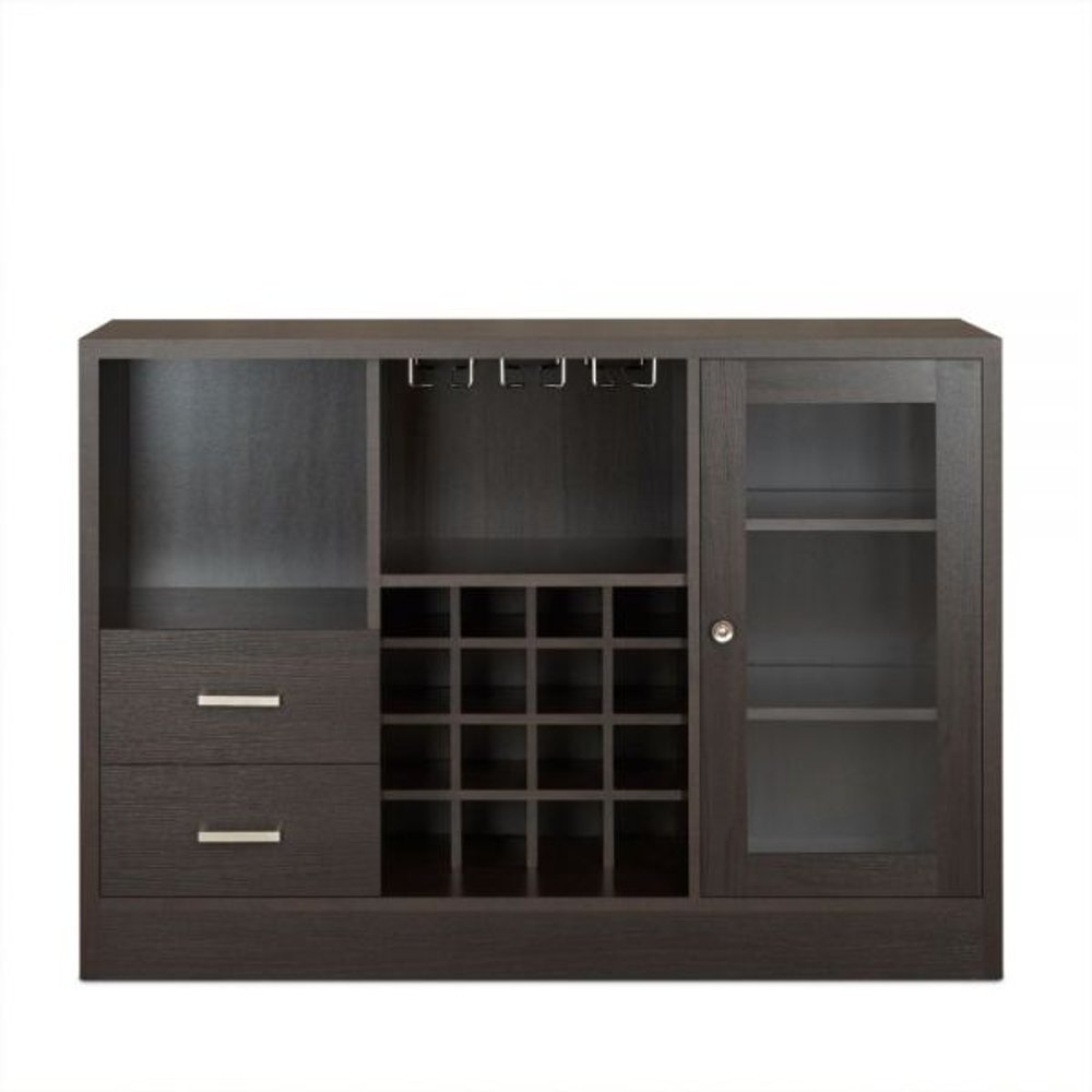 47" Espresso Solid Wood Frame With Five Shelves And Two Drawers. Cabinet isolated on a plain white background, in a charcoal wood finish.