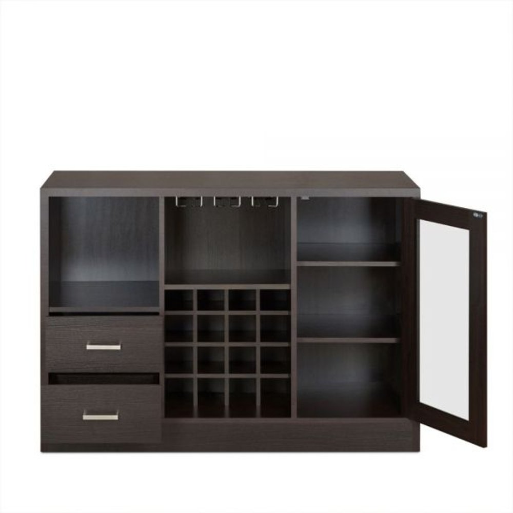 47" Espresso Solid Wood Frame With Five Shelves And Two Drawers. Cabinet isolated on a plain white background, finished in charcoal wood.