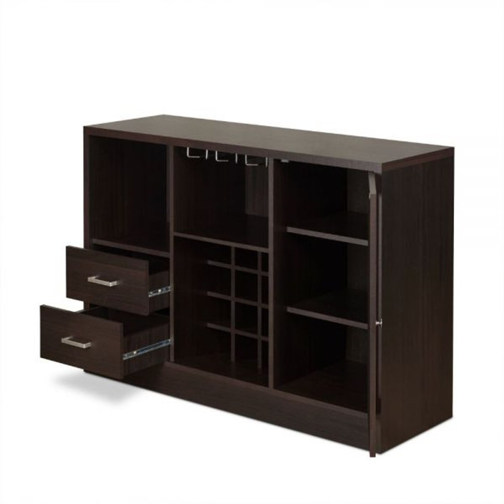 47" Espresso Solid Wood Frame With Five Shelves And Two Drawers. Cabinet isolated on a plain white background, showing a black wood surface.