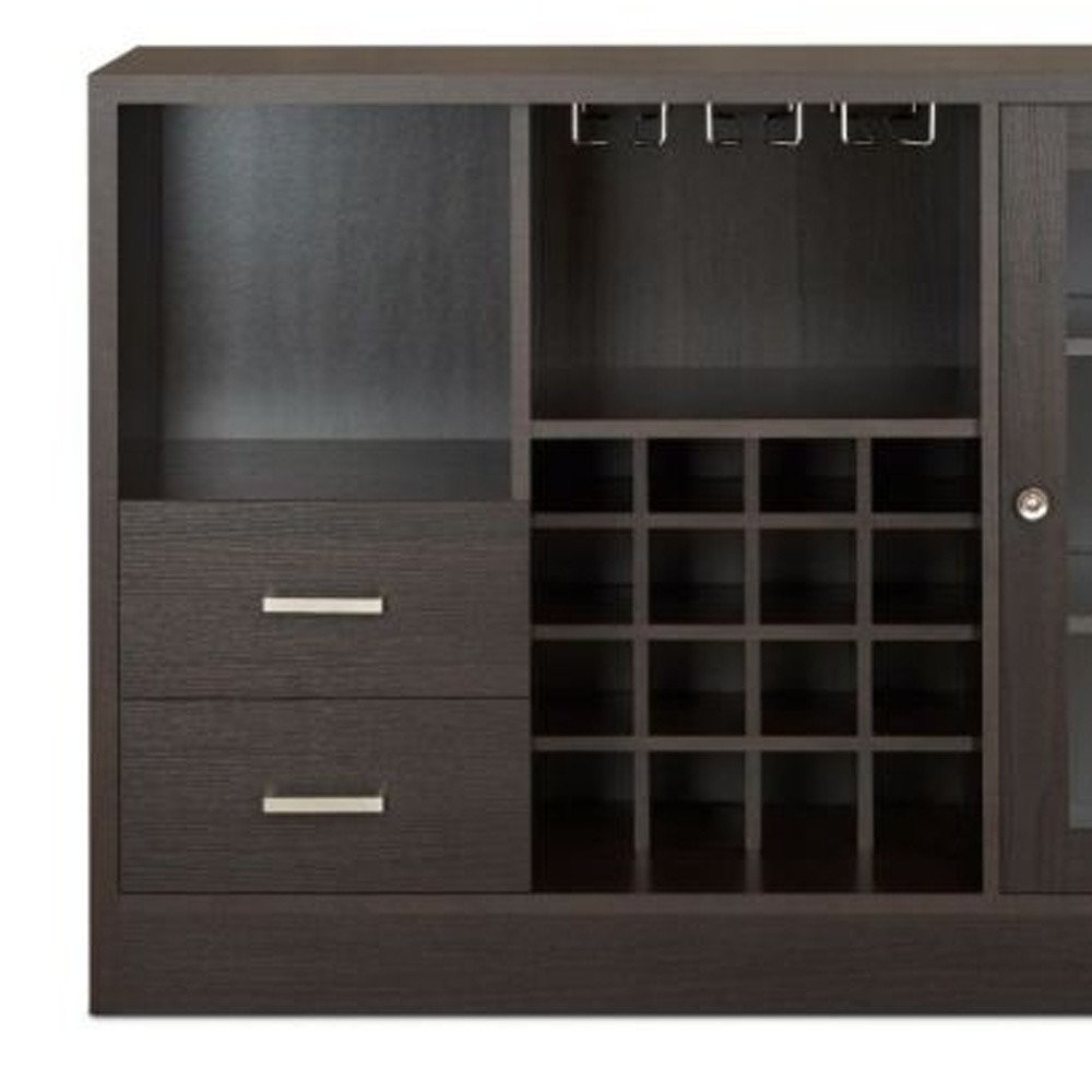 47" Espresso Solid Wood Frame With Five Shelves And Two Drawers. Cabinet isolated on a plain white background, finished in charcoal wood.