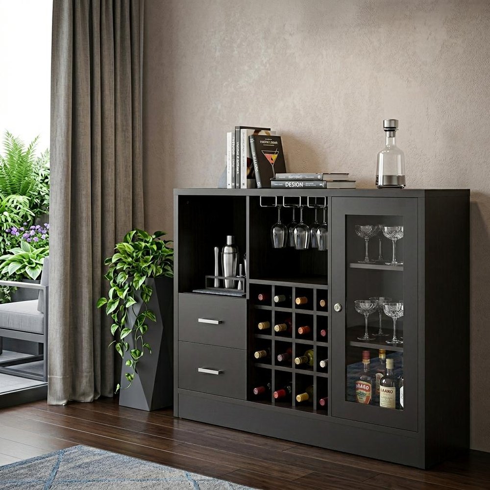 47" Espresso Solid Wood Frame With Five Shelves And Two Drawers