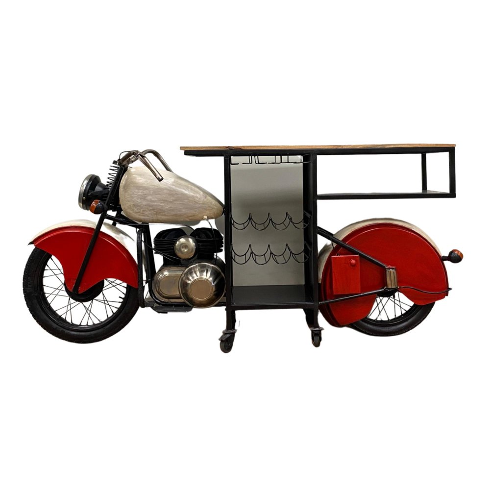 Red and Black Metal And Wood Rolling Glider Bike Bar Cart With Wine Storage on a white background