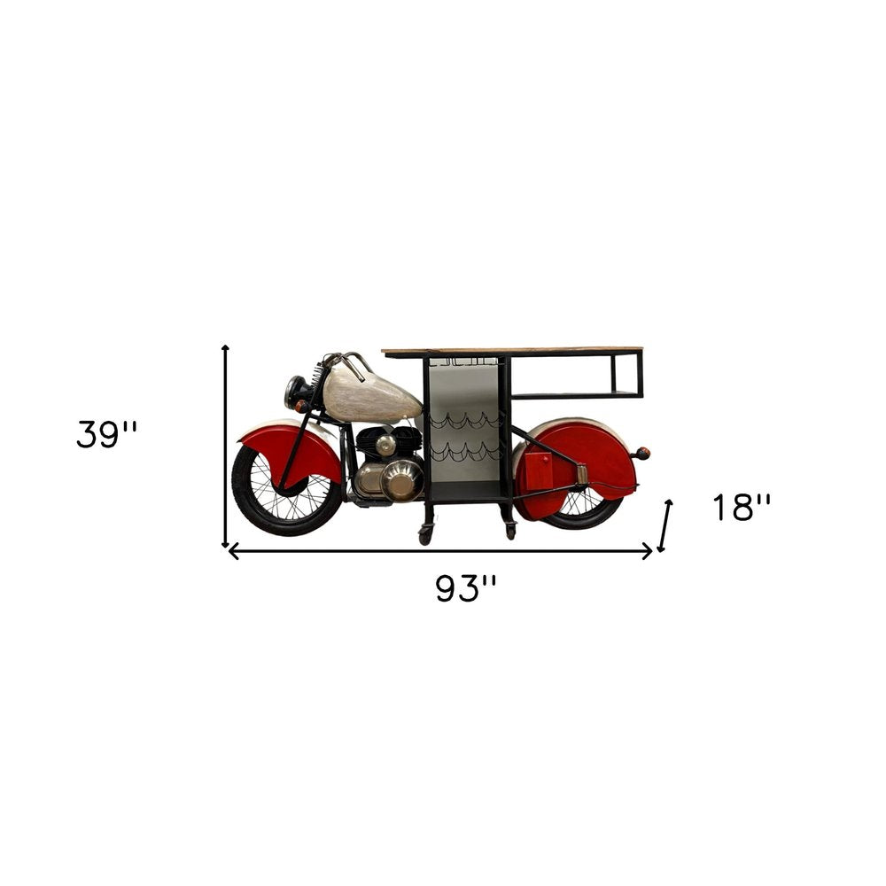 Red and Black Metal And Wood Rolling Glider Bike Bar Cart With Wine Storage on a white background