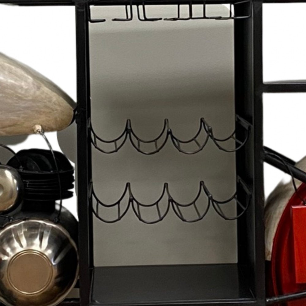 Red and Black Metal And Wood Rolling Glider Bike Bar Cart With Wine Storage close-up detail