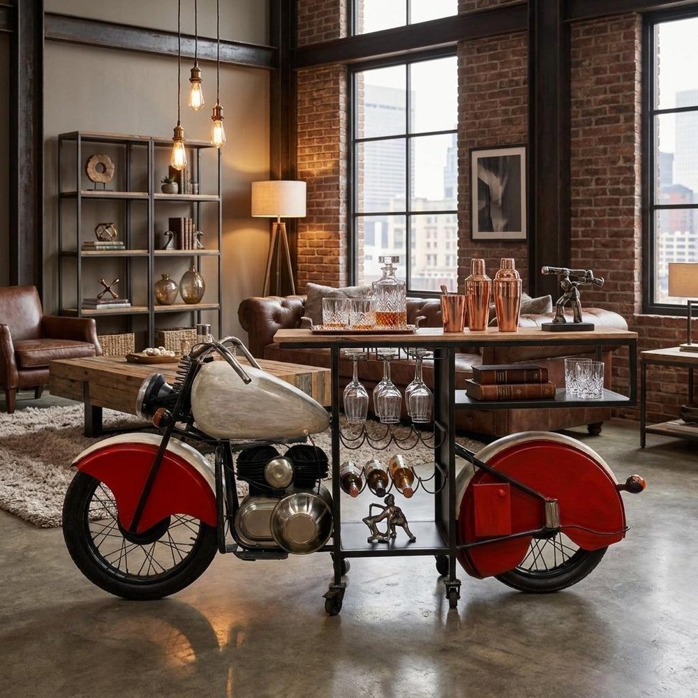 Red and Black Metal And Wood Rolling Glider Bike Bar Cart With Wine Storage in a home interior