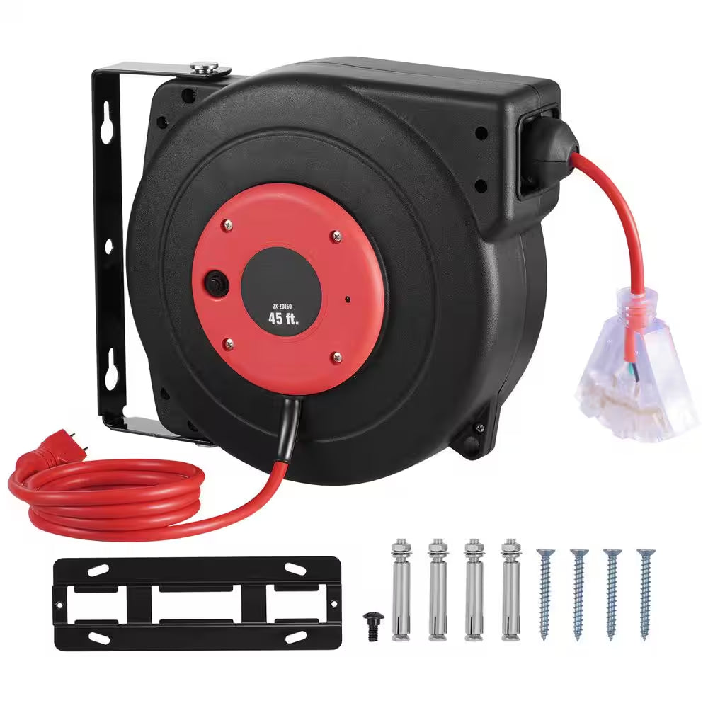 45 Ft., 12Gauge / 3 Conductors, 15 Amps Retractable Extension Cord Reel with 3-Outlets, Heavy Duty 12AWG / 3C SJTOW
