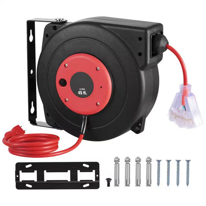 45 Ft., 12Gauge / 3 Conductors, 15 Amps Retractable Extension Cord Reel with 3-Outlets, Heavy Duty 12AWG / 3C SJTOW