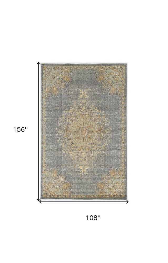 9' X 13' Slate Gray And Orange Wool Medallion Area Rug on a white background