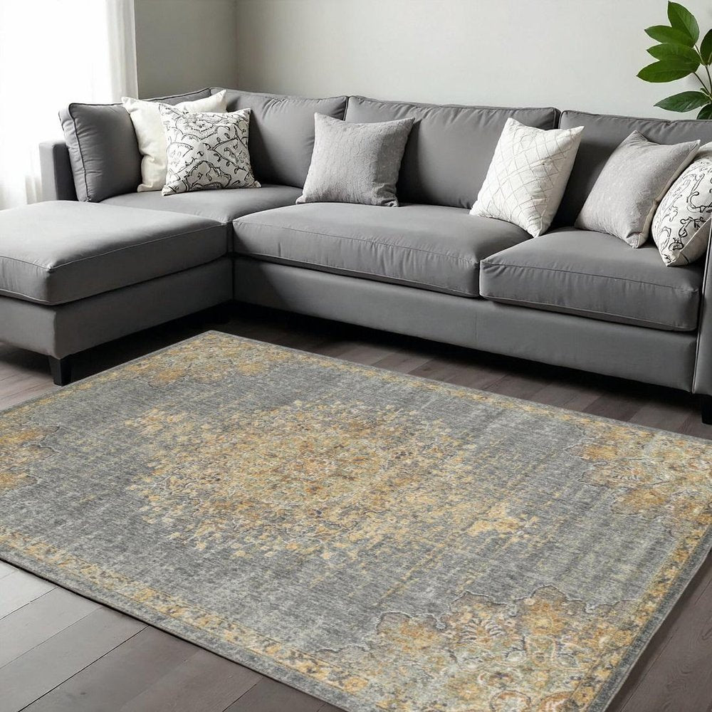 9' X 13' Slate Gray And Orange Wool Medallion Area Rug