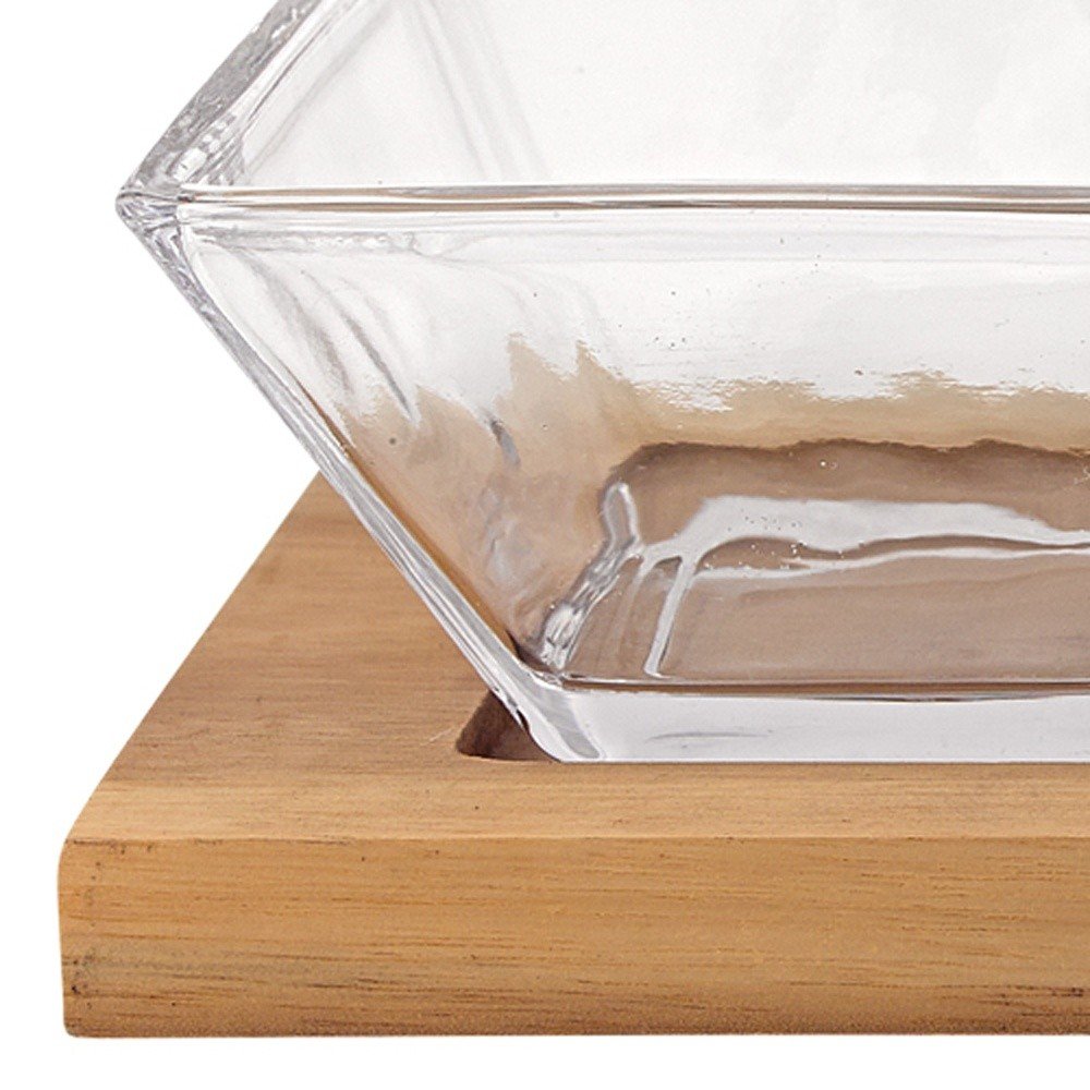 Four Piece Clear And Natural Crystal And Solid Wood Condiment Server on a white background